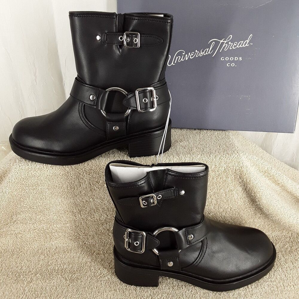 Universal Thread Womens sz 7.5 Black Boots, Faux Leather, moto biker rock goth